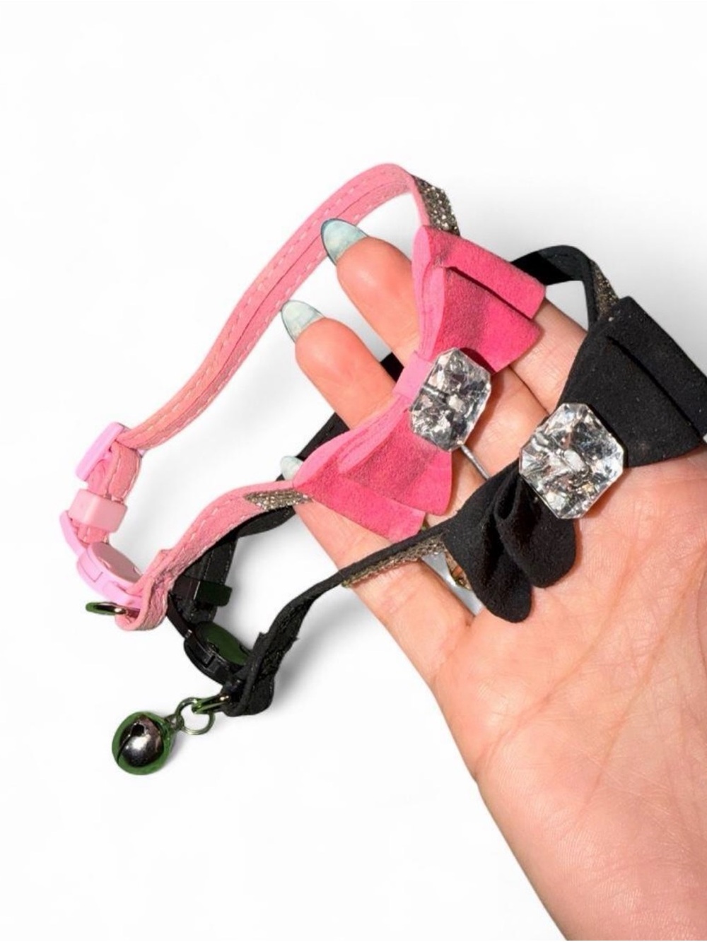 Pink and Black Bow Cat Collars with Crystal Accent